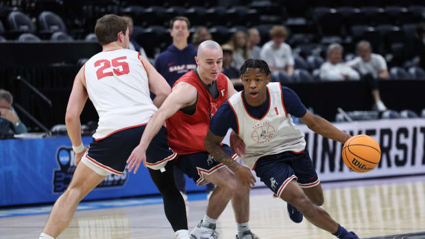 Mar 20, 2024; Salt Lake City, UT, USA; Samford Bulldogs guard Josh Holloway (1) during the NCAA first round practice session at Delta Center.